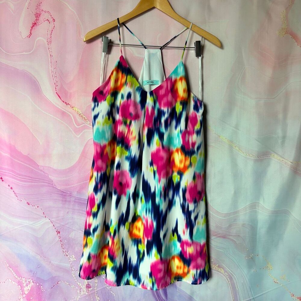 Karlie S Abstract Floral Vibrant Dress Pink Blue White Neon Luxury Preppy Artsy